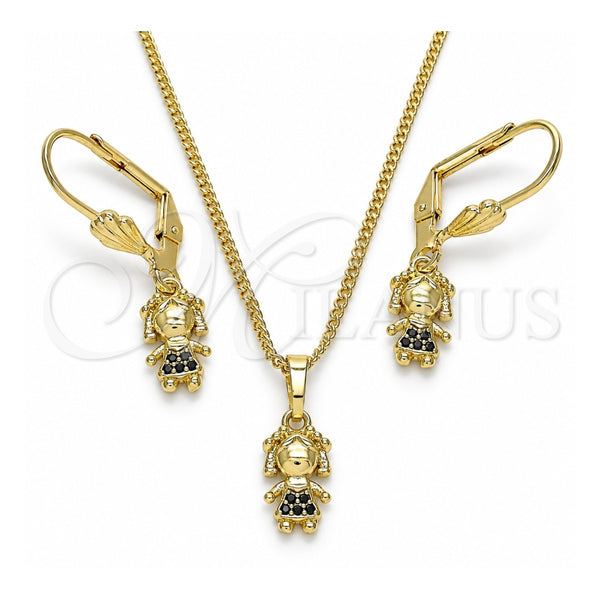 Juego de Arete y Dije de Adulto 10.316.0056.2 Oro Laminado, Diseño de Niñita Pequeña, con Negro Micro Pave, Pulido, Tono Dorado