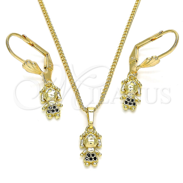Juego de Arete y Dije de Adulto 10.316.0056.2 Oro Laminado, Diseño de Niñita Pequeña, con Negro Micro Pave, Pulido, Tono Dorado