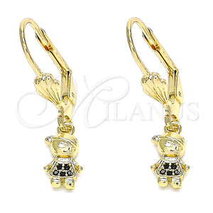 Arete Colgante 02.316.0065.2 Oro Laminado, Diseño de Niñito Pequeño, con Negro Micro Pave, Pulido, Tono Dorado
