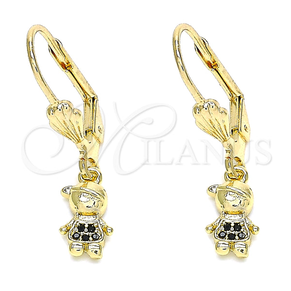 Arete Colgante 02.316.0065.2 Oro Laminado, Diseño de Niñito Pequeño, con Negro Micro Pave, Pulido, Tono Dorado