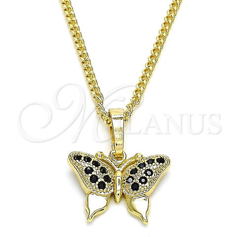 Collares con Dije 04.316.0003.2.20 Oro Laminado, Diseño de Mariposa, con Negro Micro Pave, Pulido, Tono Dorado (02 MM Thickness, 20 Inches Length)