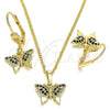 Juego de Arete y Dije de Adulto 10.316.0058.2 Oro Laminado, Diseño de Mariposa, con Negro Micro Pave, Pulido, Tono Dorado