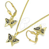 Juego de Arete y Dije de Adulto 10.316.0058.2 Oro Laminado, Diseño de Mariposa, con Negro Micro Pave, Pulido, Tono Dorado