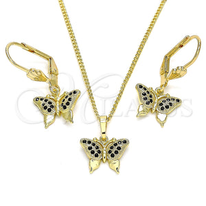 Juego de Arete y Dije de Adulto 10.316.0058.2 Oro Laminado, Diseño de Mariposa, con Negro Micro Pave, Pulido, Tono Dorado