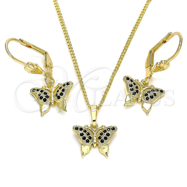 Juego de Arete y Dije de Adulto 10.316.0058.2 Oro Laminado, Diseño de Mariposa, con Negro Micro Pave, Pulido, Tono Dorado