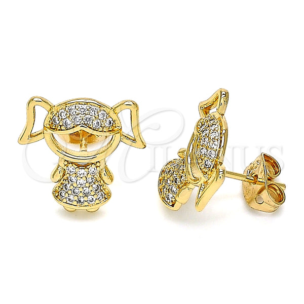 Arete Dormilona 02.213.0171 Oro Laminado, Diseño de Niñita Pequeña, con Blanca Micro Pave, Pulido, Tono Dorado