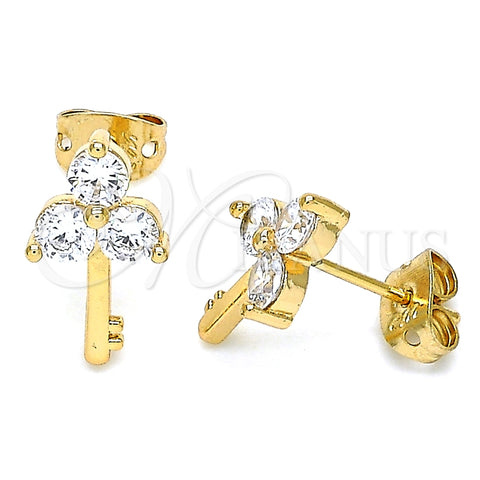 Arete Dormilona 02.213.0174 Oro Laminado, Diseño de Llave, con Blanca Zirconia Cubica, Pulido, Tono Dorado