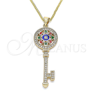 Collares con Dije 04.213.0191.20 Oro Laminado, Diseño de Llave y Flor, con Blanca Micro Pave, Esmaltado Multicolor, Tono Dorado (02 MM Thickness, 20 Inches Length)