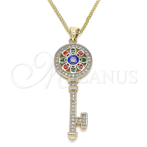 Collares con Dije 04.213.0191.20 Oro Laminado, Diseño de Llave y Flor, con Blanca Micro Pave, Esmaltado Multicolor, Tono Dorado (02 MM Thickness, 20 Inches Length)