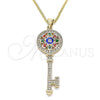 Collares con Dije 04.213.0191.20 Oro Laminado, Diseño de Llave y Flor, con Blanca Micro Pave, Esmaltado Multicolor, Tono Dorado (02 MM Thickness, 20 Inches Length)