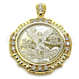 Dije Religioso 05.253.0071 Oro Laminado, Diseño de Moneda Centenario y Angel, con Blanca Zirconia Cubica, Pulido, Tono Dorado