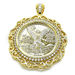 Dije Religioso 05.253.0073 Oro Laminado, Diseño de Moneda Centenario y Angel, con Blanca Zirconia Cubica, Pulido, Tono Dorado