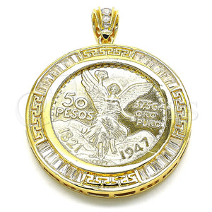 Dije Religioso 05.253.0074 Oro Laminado, Diseño de Moneda Centenario y Angel, con Blanca Zirconia Cubica, Pulido, Tono Dorado