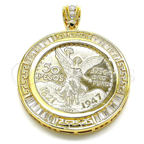 Dije Religioso 05.253.0074 Oro Laminado, Diseño de Moneda Centenario y Angel, con Blanca Zirconia Cubica, Pulido, Tono Dorado
