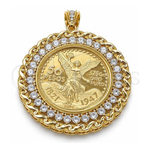 Dije Religioso 05.253.0075 Oro Laminado, Diseño de Moneda Centenario y Angel, con Zirconia Cubica Blanca, Pulido, Tono Dorado