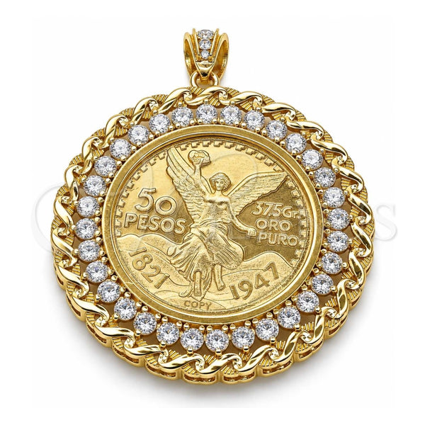 Dije Religioso 05.253.0075 Oro Laminado, Diseño de Moneda Centenario y Angel, con Zirconia Cubica Blanca, Pulido, Tono Dorado