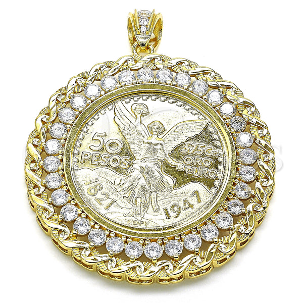 Dije Religioso 05.253.0075 Oro Laminado, Diseño de Moneda Centenario y Angel, con Blanca Zirconia Cubica, Pulido, Tono Dorado
