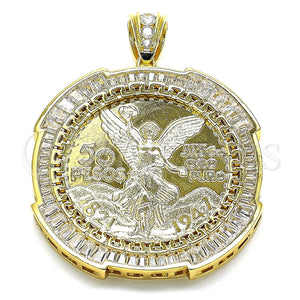 Dije Religioso 05.253.0076 Oro Laminado, Diseño de Moneda Centenario y Angel, con Blanca Zirconia Cubica, Pulido, Tono Dorado
