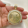 Dije Religioso 05.253.0077 Oro Laminado, Diseño de Moneda Centenario y Angel, con Zirconia Cubica Blanca, Pulido, Tono Dorado
