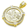 Dije Religioso 05.253.0077 Oro Laminado, Diseño de Moneda Centenario y Angel, con Blanca Zirconia Cubica, Pulido, Tono Dorado