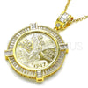 Dije Religioso 05.253.0077 Oro Laminado, Diseño de Moneda Centenario y Angel, con Blanca Zirconia Cubica, Pulido, Tono Dorado