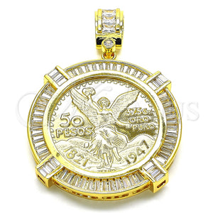 Dije Religioso 05.253.0077 Oro Laminado, Diseño de Moneda Centenario y Angel, con Blanca Zirconia Cubica, Pulido, Tono Dorado