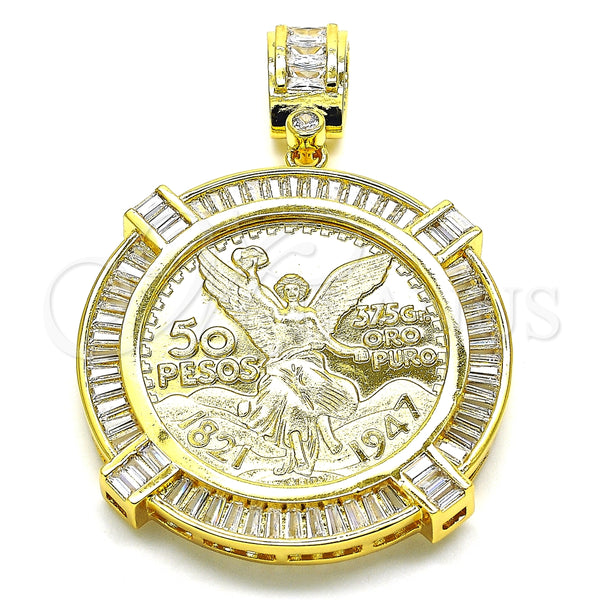 Dije Religioso 05.253.0077 Oro Laminado, Diseño de Moneda Centenario y Angel, con Blanca Zirconia Cubica, Pulido, Tono Dorado