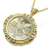 Dije Religioso 05.253.0078 Oro Laminado, Diseño de Moneda Centenario y Angel, con Blanca Zirconia Cubica, Pulido, Tono Dorado