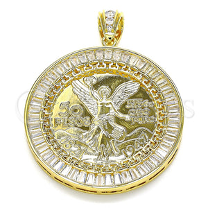 Dije Religioso 05.253.0078 Oro Laminado, Diseño de Moneda Centenario y Angel, con Blanca Zirconia Cubica, Pulido, Tono Dorado