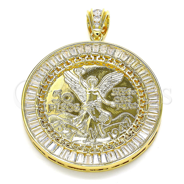 Dije Religioso 05.253.0078 Oro Laminado, Diseño de Moneda Centenario y Angel, con Blanca Zirconia Cubica, Pulido, Tono Dorado