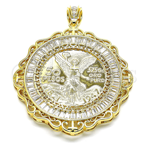 Dije Religioso 05.253.0079 Oro Laminado, Diseño de Moneda Centenario y Angel, con Blanca Zirconia Cubica, Pulido, Tono Dorado