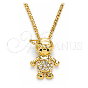 Collares con Dije 04.195.0054.20 Oro Laminado, Diseño de Niñito Pequeño, con Micro Pave Negro y Blanca, Pulido, Tono Dorado (Grosor 02 MM, 20 Pulgadas de Largo)