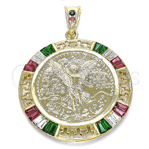 Dije Religioso 05.351.0093 Oro Laminado, Diseño de Moneda Centenario y Angel, con Multicolor Zirconia Cubica, Pulido, Tono Dorado