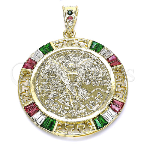 Dije Religioso 05.351.0093 Oro Laminado, Diseño de Moneda Centenario y Angel, con Multicolor Zirconia Cubica, Pulido, Tono Dorado