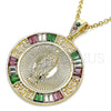 Dije Religioso 05.351.0094.1 Oro Laminado, Diseño de Moneda Centenario y Guadalupe, con Multicolor Zirconia Cubica, Pulido, Tono Dorado