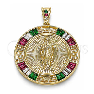 Dije Religioso 05.351.0094.1 Oro Laminado, Diseño de Moneda Centenario y Guadalupe, con Zirconia Cubica Multicolor, Pulido, Tono Dorado