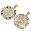 Dije Religioso 05.351.0094.1 Oro Laminado, Diseño de Moneda Centenario y Guadalupe, con Multicolor Zirconia Cubica, Pulido, Tono Dorado
