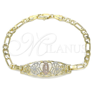 Pulsera Elegante 03.351.0089.1.07 Oro Laminado, Diseño de Guadalupe y Corazón, Pulido, Tres Tonos (04 MM Thickness, 7 Inches Length)