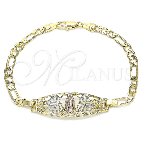 Pulsera Elegante 03.351.0089.1.07 Oro Laminado, Diseño de Guadalupe y Corazón, Pulido, Tres Tonos (04 MM Thickness, 7 Inches Length)