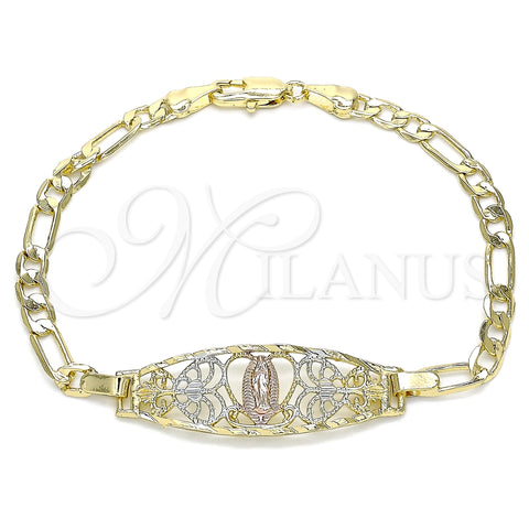 Pulsera Elegante 03.351.0089.1.07 Oro Laminado, Diseño de Guadalupe y Corazón, Pulido, Tres Tonos (04 MM Thickness, 7 Inches Length)