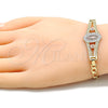 Pulsera Elegante 03.351.0090.1.08 Oro Laminado, Diseño de Guadalupe y Flor, Pulido, Tres Tonos (05 MM Thickness, 8 Inches Length)