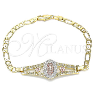 Pulsera Elegante 03.351.0090.1.08 Oro Laminado, Diseño de Guadalupe y Flor, Pulido, Tres Tonos (05 MM Thickness, 8 Inches Length)