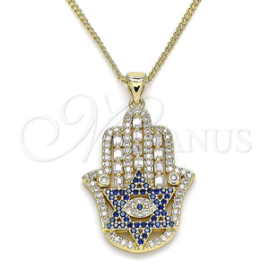 Collares con Dije 04.156.0210.20 Oro Laminado, Diseño de Mano de Dios y Estrella de Davi, con Zafiro Azul and Blanca Micro Pave, Pulido, Tono Dorado (02 MM Thickness, 20 Inches Length)