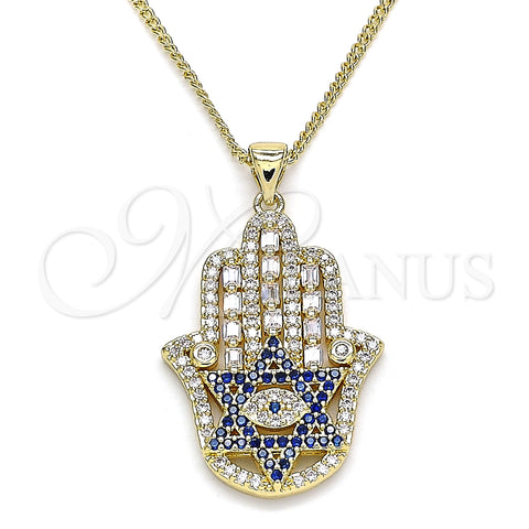 Collares con Dije 04.156.0210.20 Oro Laminado, Diseño de Mano de Dios y Estrella de Davi, con Zafiro Azul and Blanca Micro Pave, Pulido, Tono Dorado (02 MM Thickness, 20 Inches Length)