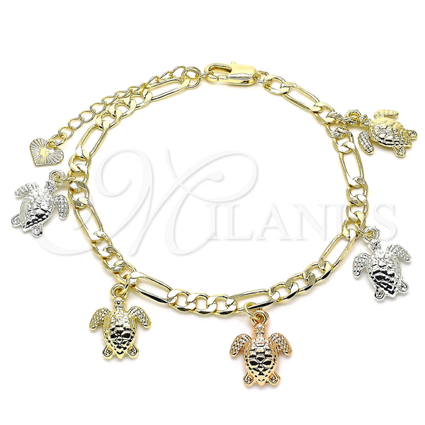 Pulsera de Dije 03.351.0094.07 Oro Laminado, Diseño de Tortuga, Pulido, Tres Tonos (05 MM Thickness, 7 Inches Length)