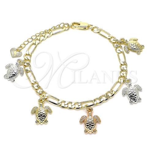 Pulsera de Dije 03.351.0094.07 Oro Laminado, Diseño de Tortuga, Pulido, Tres Tonos (05 MM Thickness, 7 Inches Length)