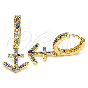 Argolla Huggie 02.377.0009.15 Oro Laminado, Diseño de Ancla, con Multicolor Micro Pave, Pulido, Tono Dorado