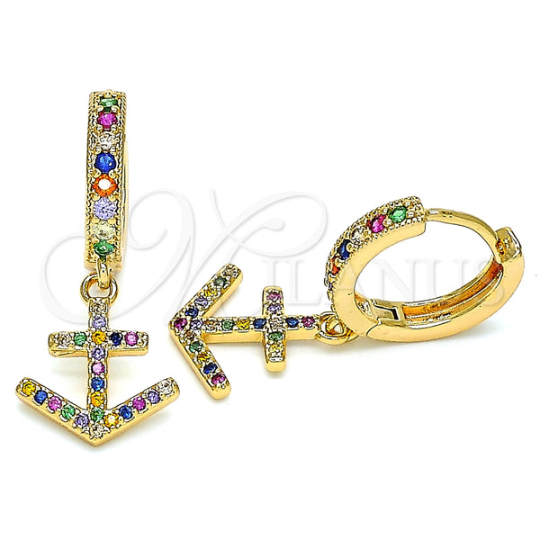 Argolla Huggie 02.377.0009.15 Oro Laminado, Diseño de Ancla, con Multicolor Micro Pave, Pulido, Tono Dorado