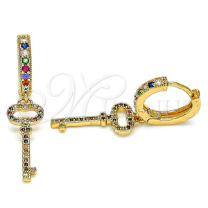 Argolla Huggie 02.377.0010.15 Oro Laminado, Diseño de Llave, con Multicolor Micro Pave, Pulido, Tono Dorado