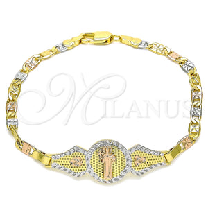 Pulsera Elegante 03.253.0052.08 Oro Laminado, Diseño de San Benito y Corazón, Pulido, Tres Tonos (04 MM Thickness, 8 Inches Length)
